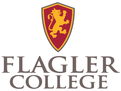 A logo for flagler college with a lion on a shield