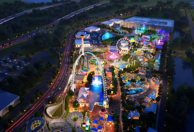 An aerial view of a theme park at night.