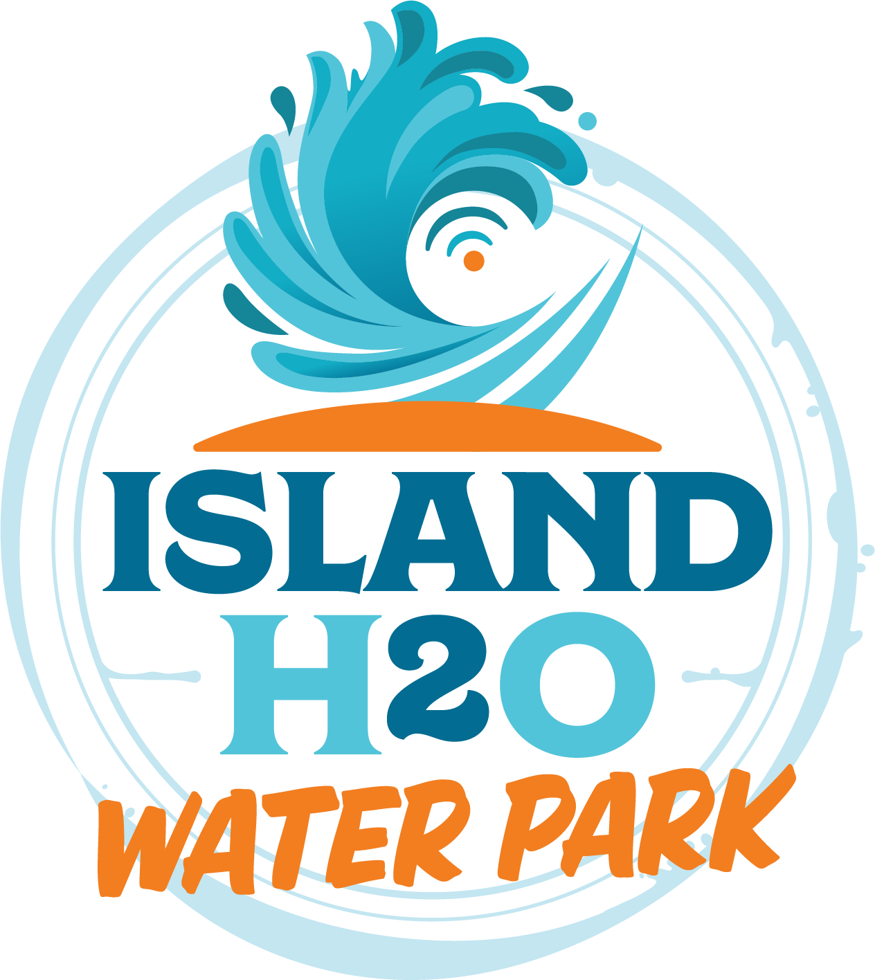 A logo for island h2o water park with a wave