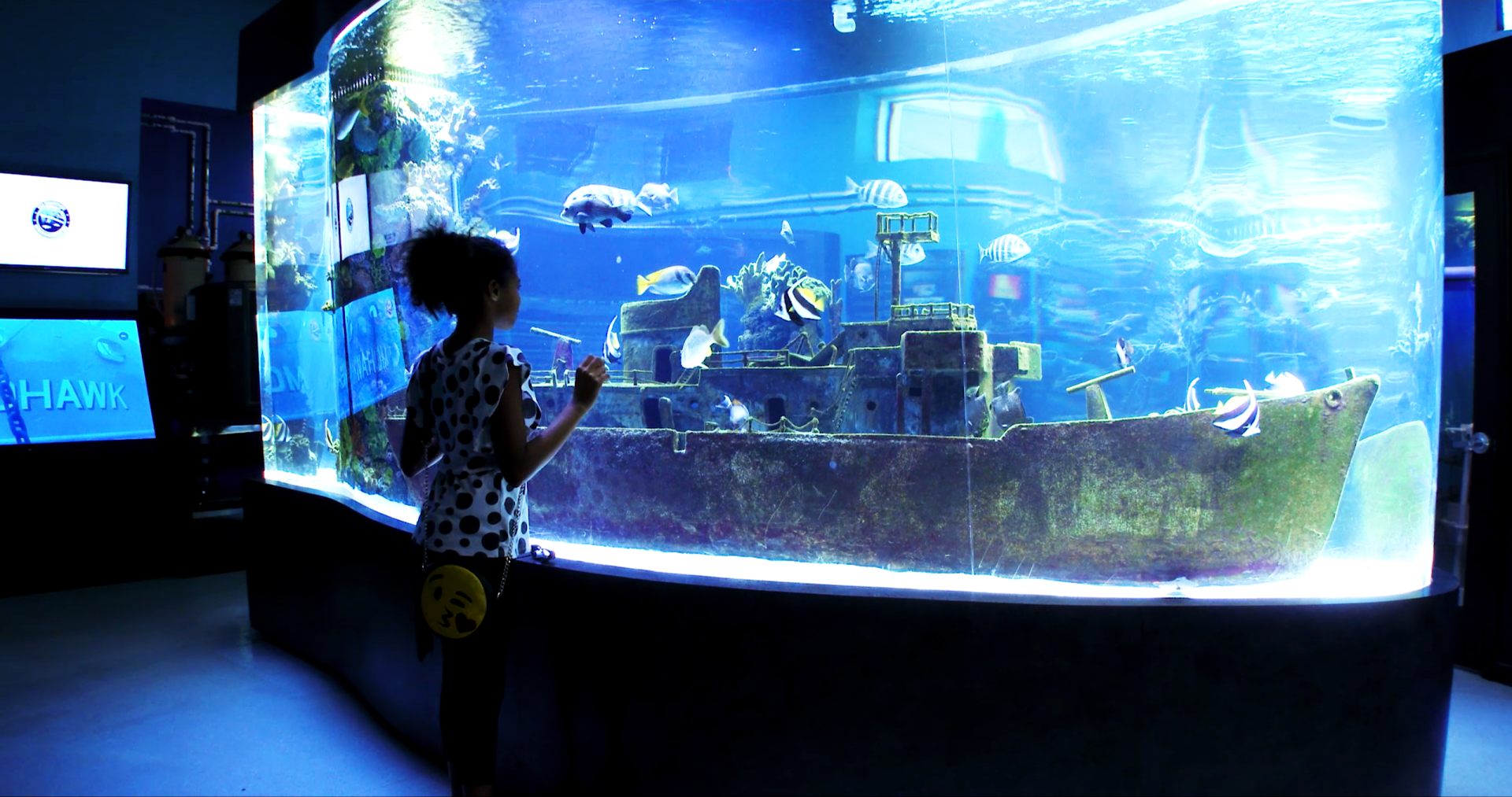 A woman is standing in front of a large fish tank.