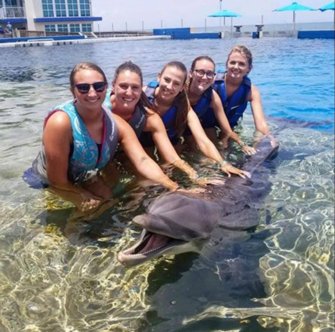 A group of women are posing with a dolphin in the water