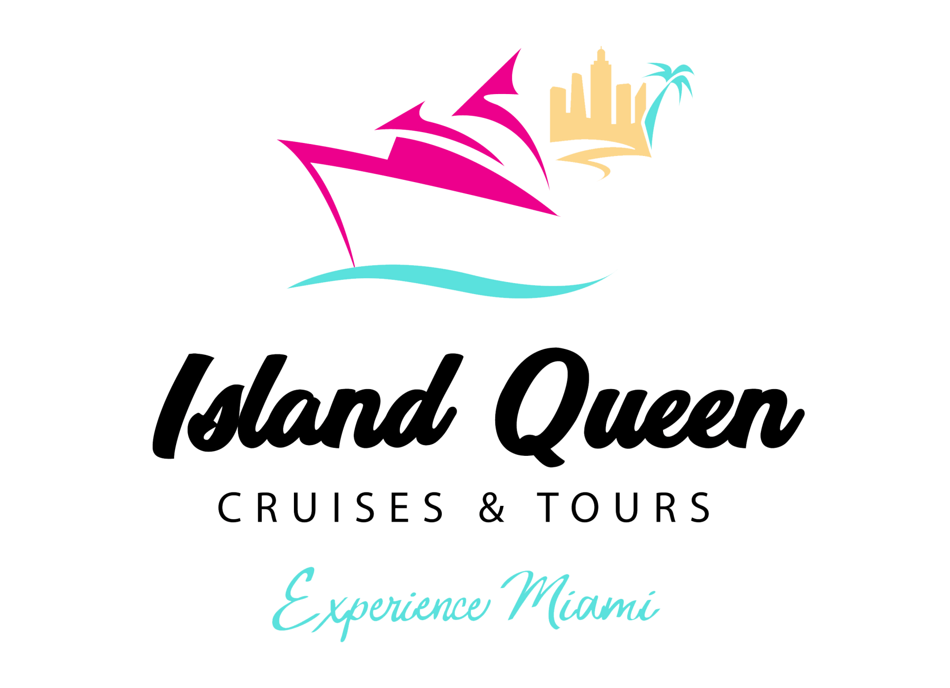 A logo for island queen cruises and tours with a boat and palm trees.