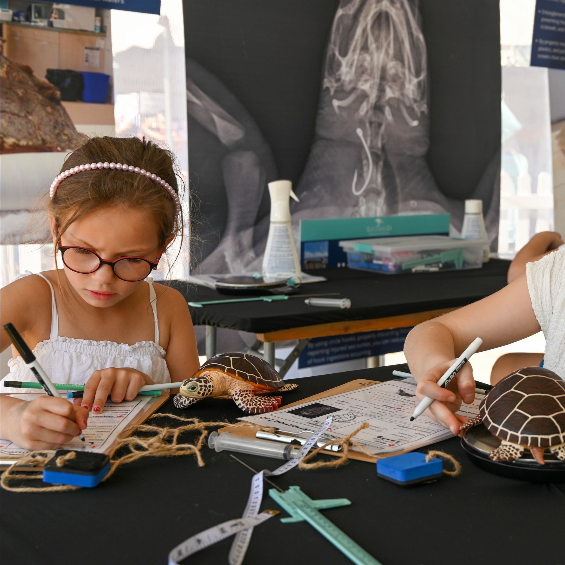 Two young girls are sitting at a table with sea turtles