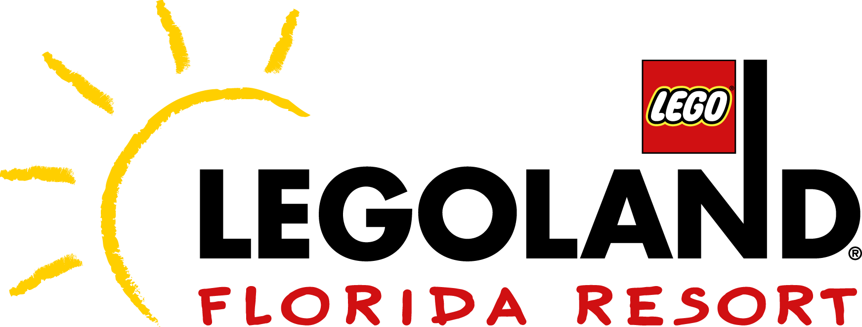 The logo for legoland florida resort with a yellow sun