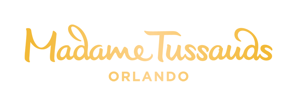 The logo for madame tussauds orlando is yellow and white.