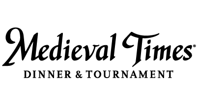 The logo for medieval times dinner and tournament is black and white.