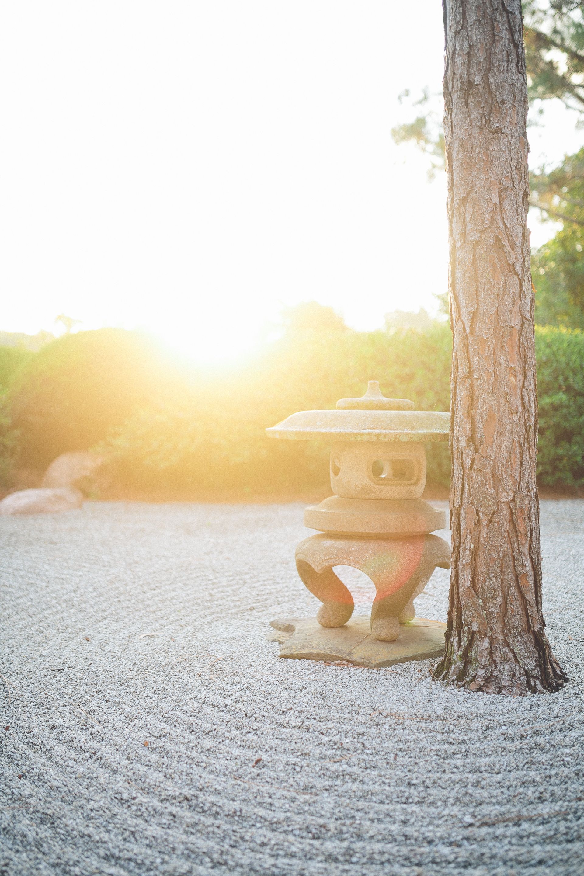 A stone lantern is sitting under a tree in a garden.