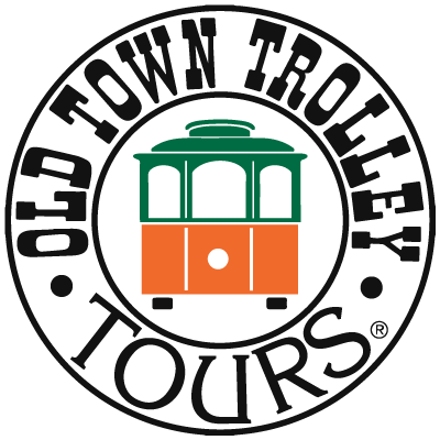 The logo for old town trolley tours shows a trolley in a circle.