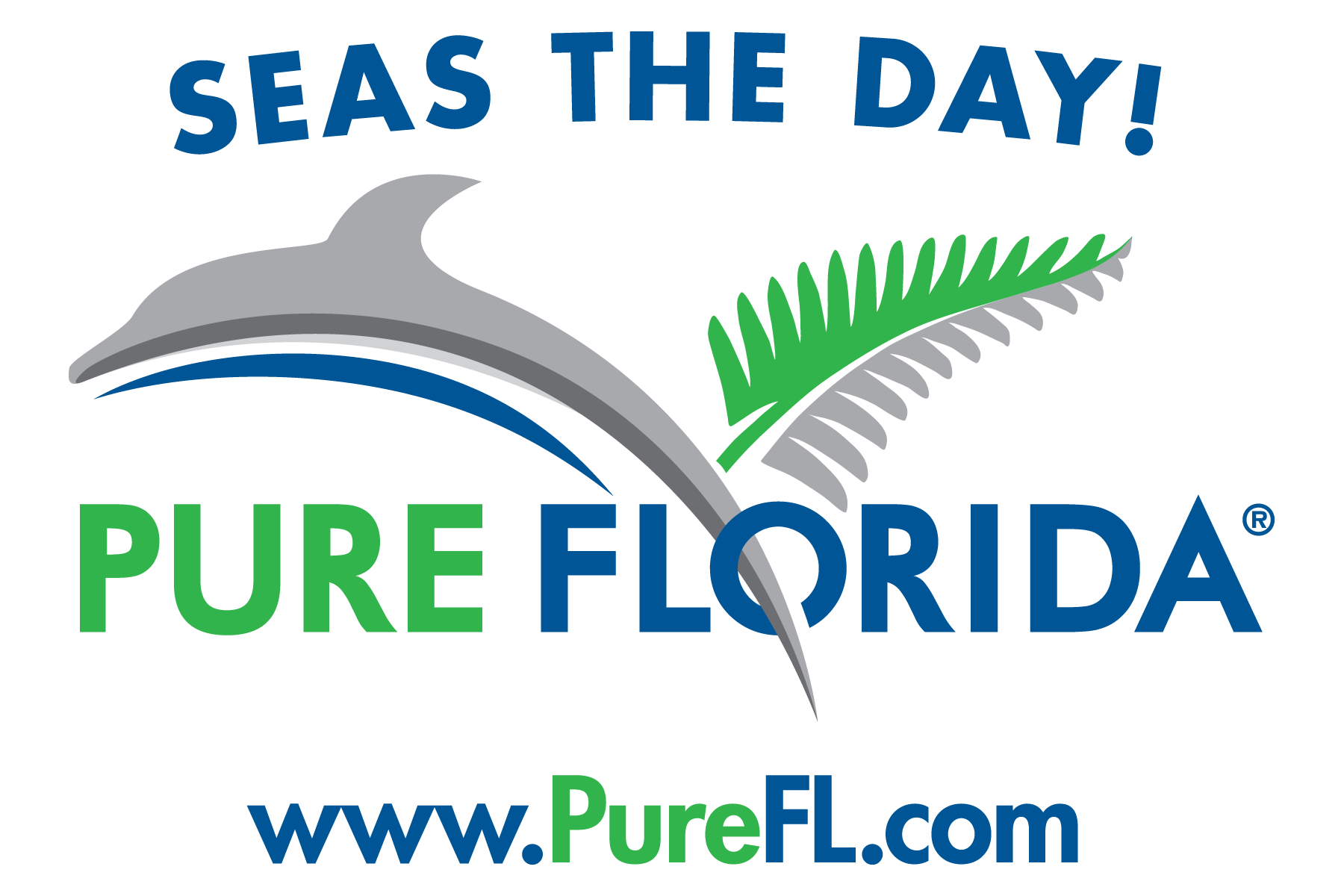 A logo for pure florida with a dolphin and fern