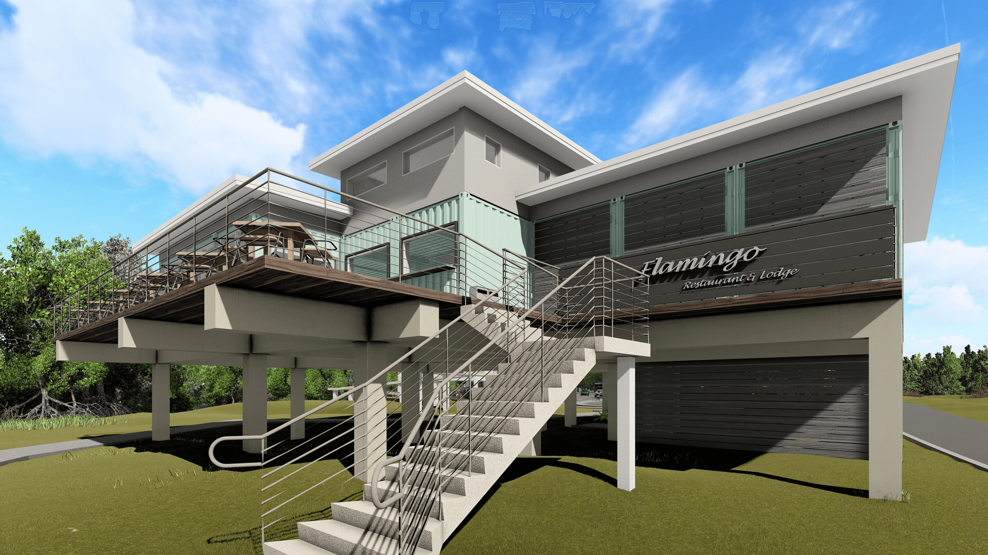 An artist 's impression of a house with stairs leading up to it.
