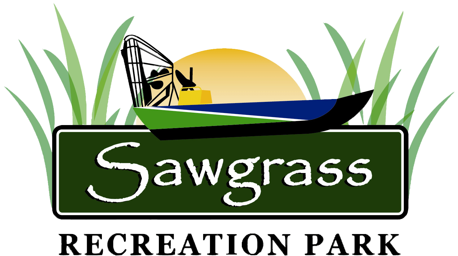 A logo for sawgrass recreation park with a boat in the grass