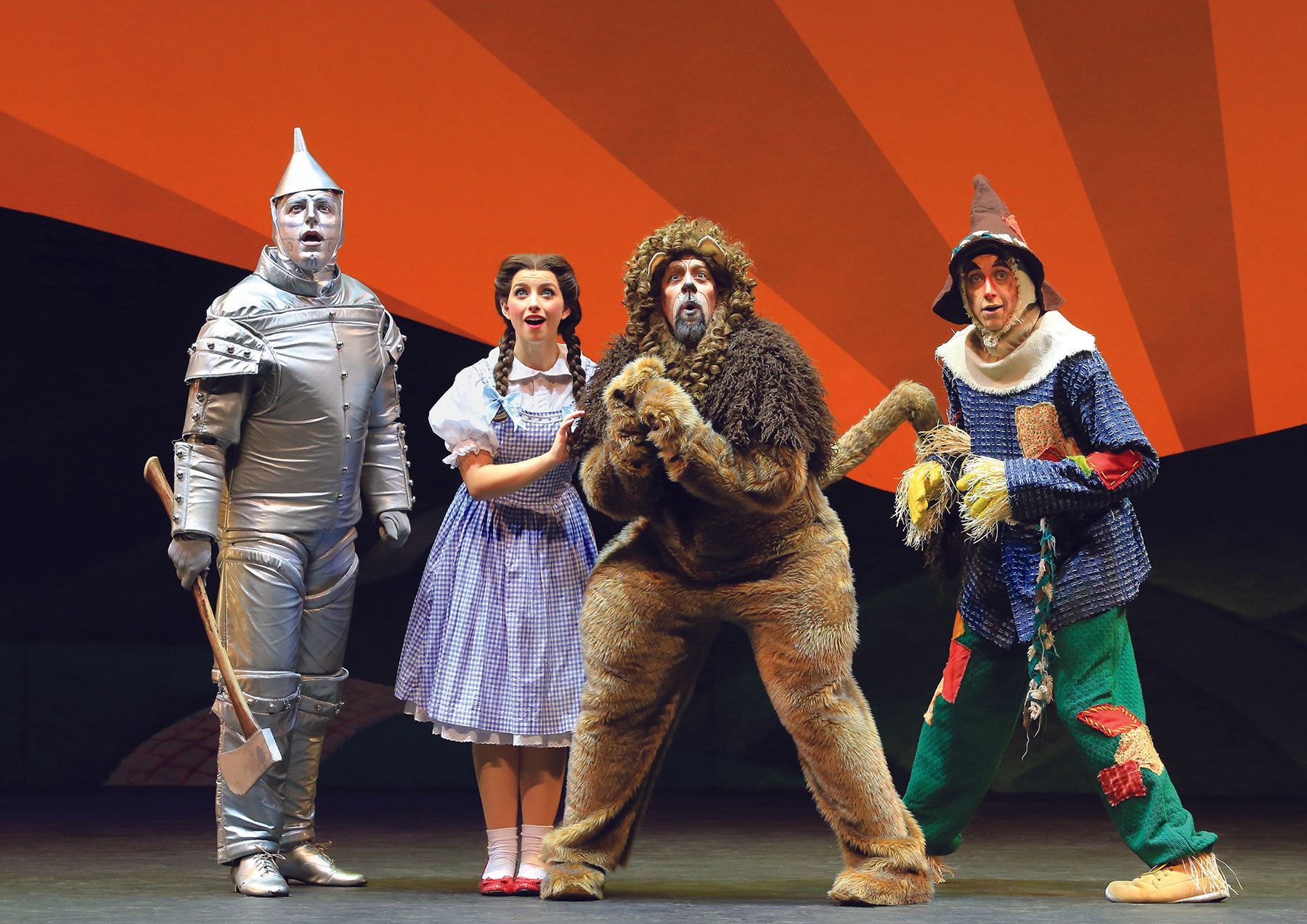 A group of wizard of oz characters on a stage