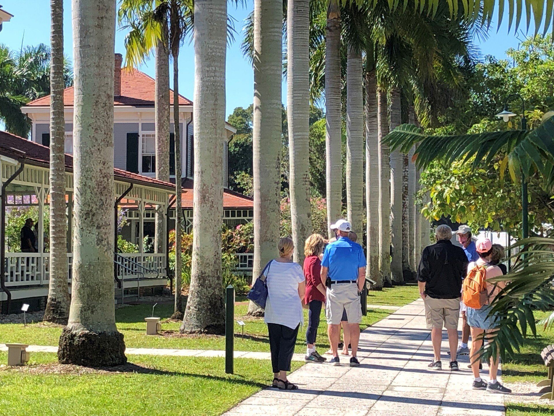 A group of people are walking down a sidewalk next to palm trees.