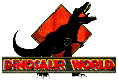 A logo for dinosaur world with a t-rex on it