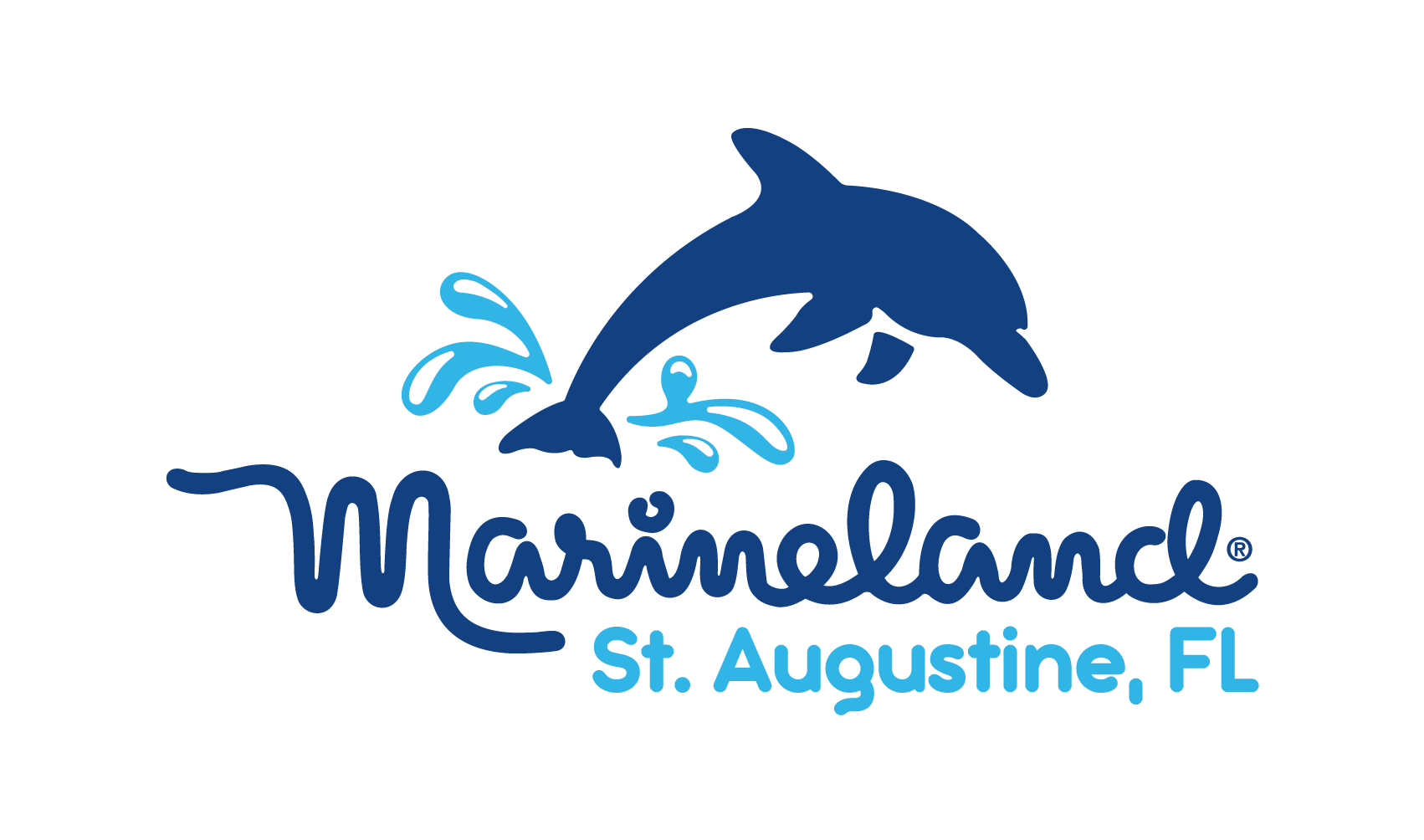 The logo for marineland in st. augustine , florida shows a dolphin jumping out of the water.