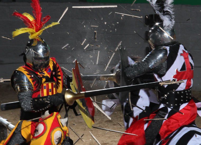 Two knights are fighting with swords and shields and one has the letter f on his helmet