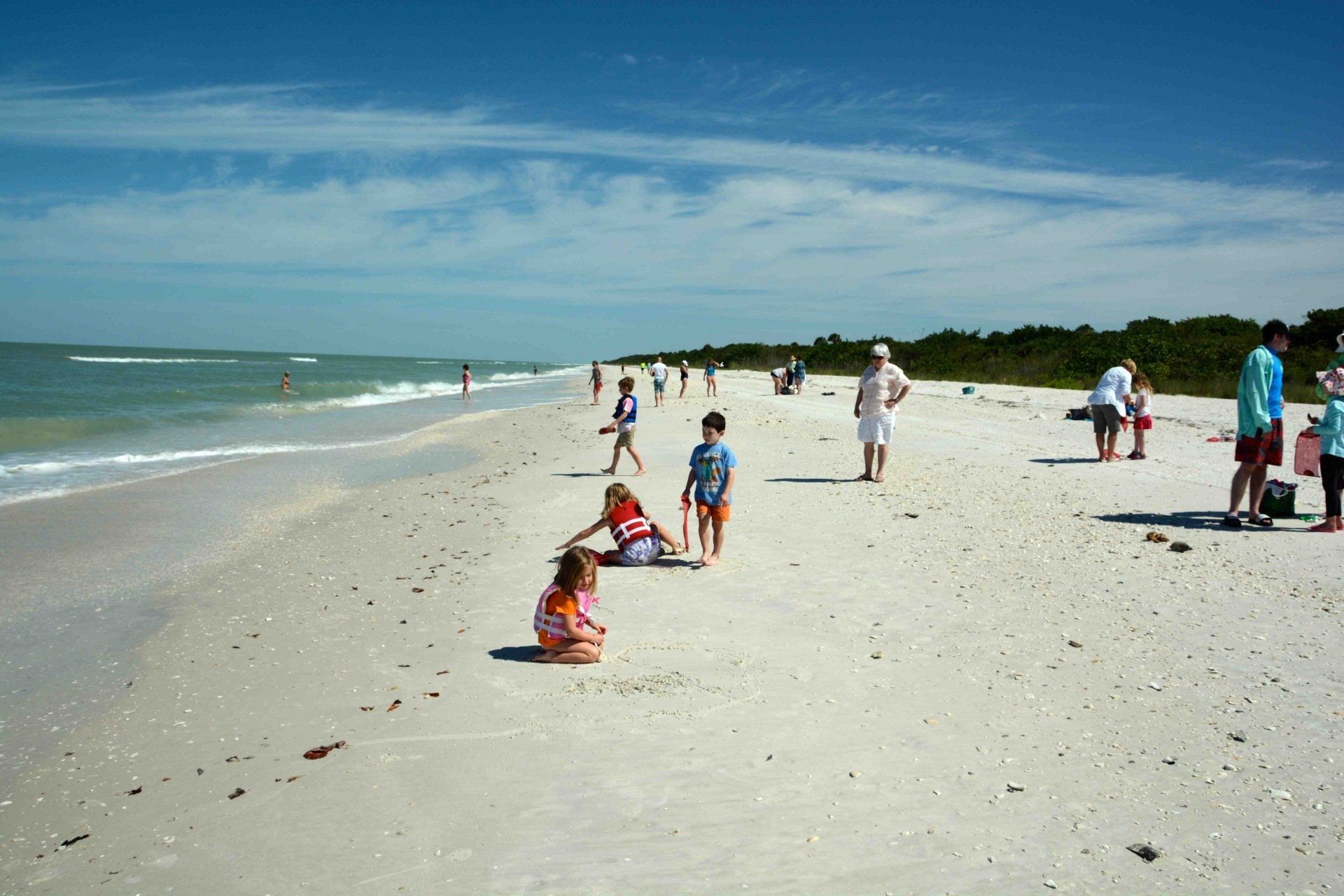 A group of people are playing on a beach.