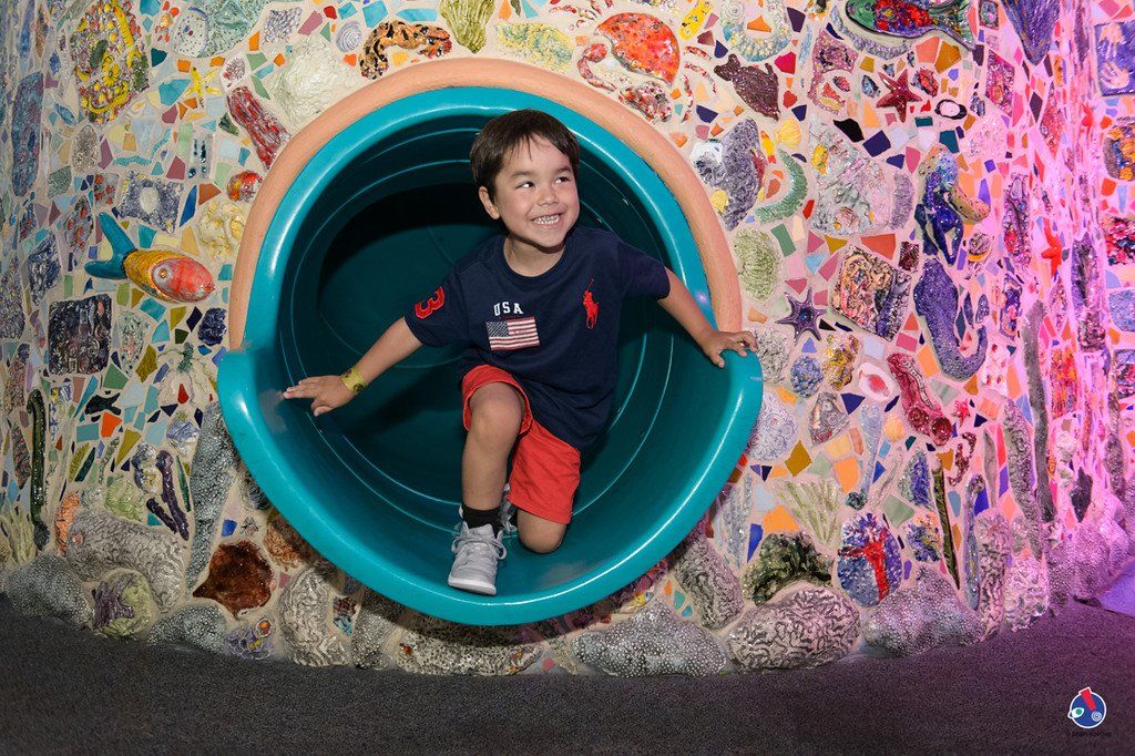 A young boy in a polo shirt is sitting on a slide