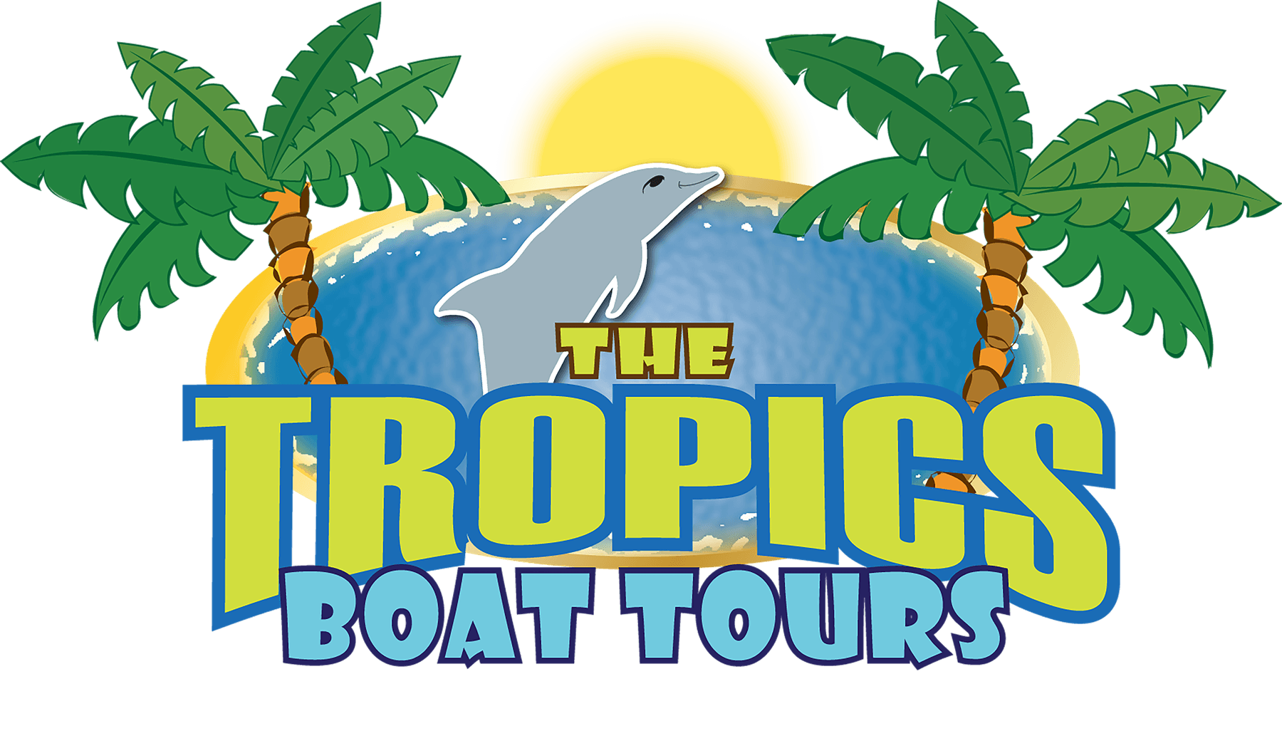 A logo for the tropics boat tours with palm trees and a dolphin