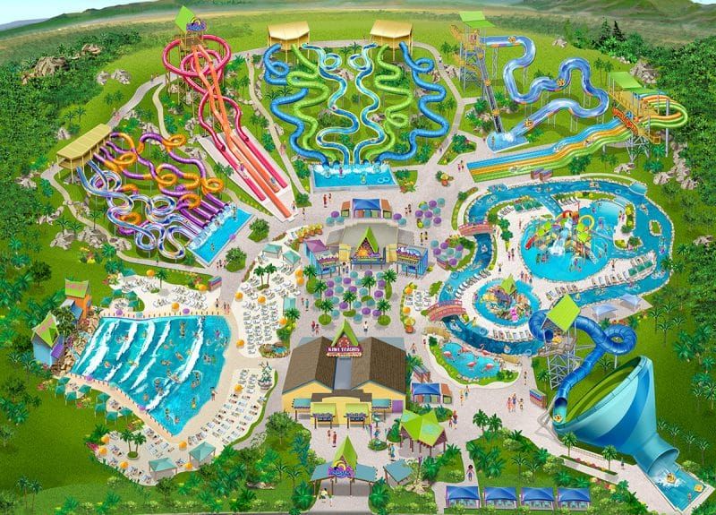 An aerial view of a water park with lots of water slides