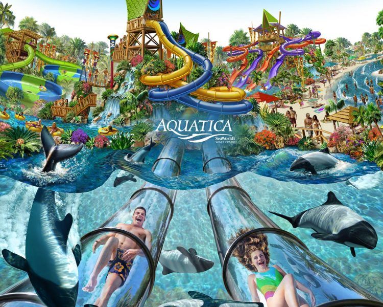 A water park with dolphins and people going down water slides