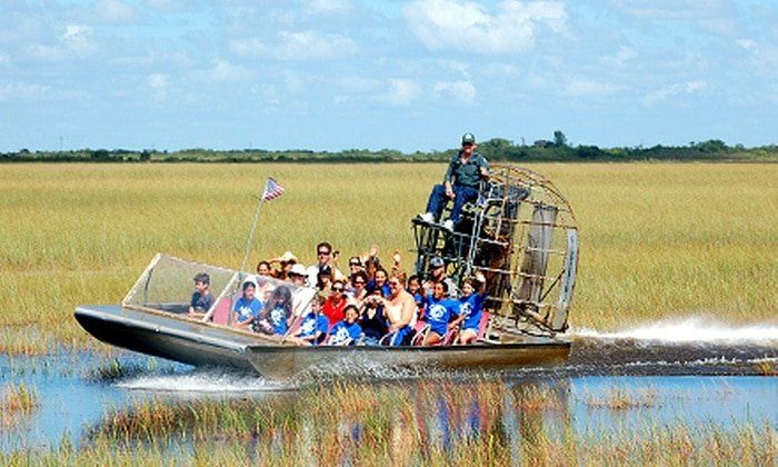 A group of people are riding a boat through a swamp.