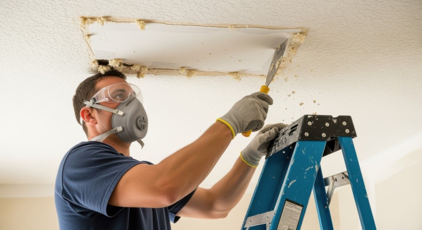 Worker on ladder repairing a damaged ceiling vent, wearing a mask and gloves