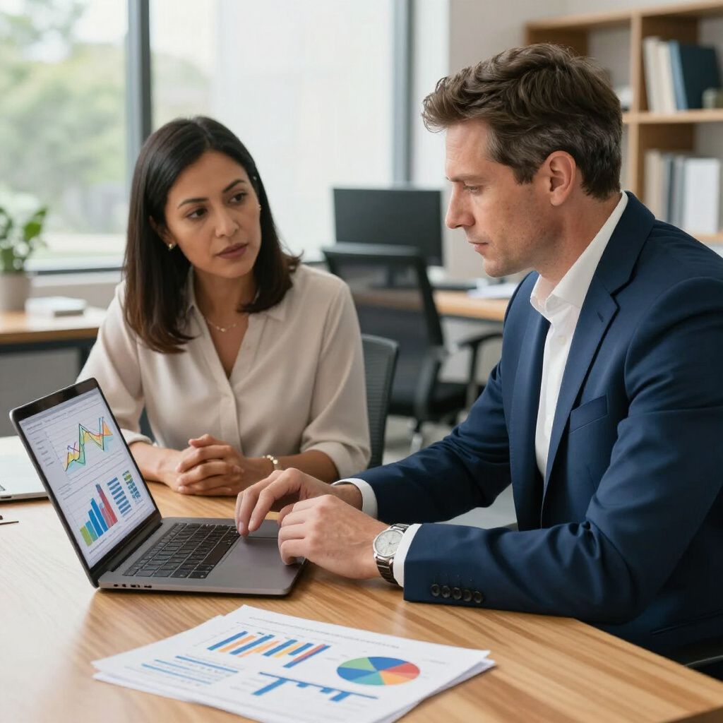 Woman and man reviewing graphs on a laptop and paper documents in an office.