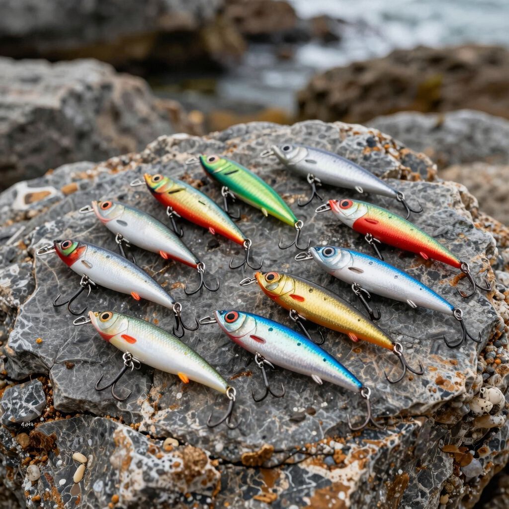 Fishing lures of various colors are displayed on a rocky shoreline near the ocean.