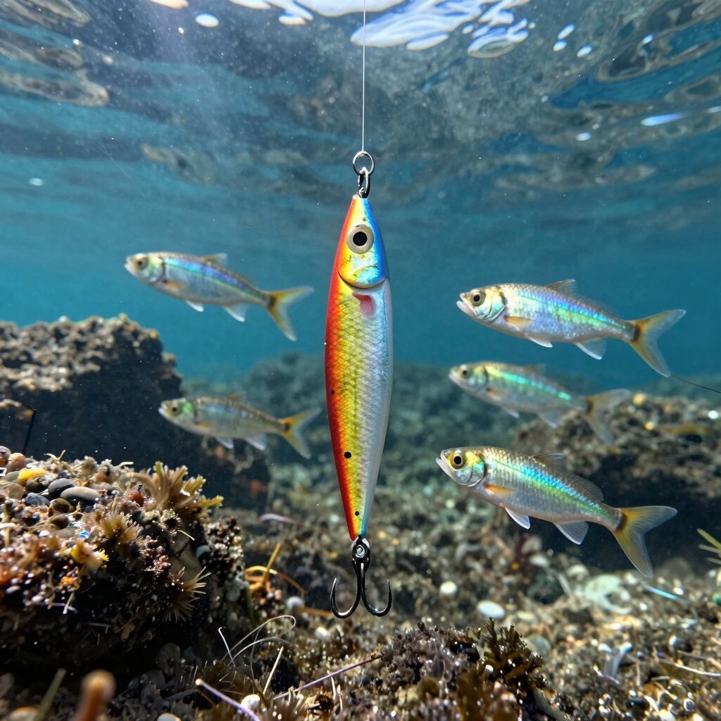 Fishing lure suspended underwater with several silver fish nearby.