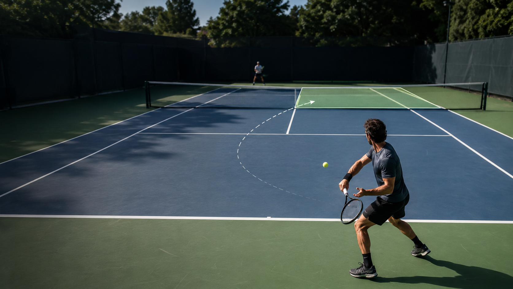 Adult tennis player building a baseline point during live-ball Tennis Congress training.