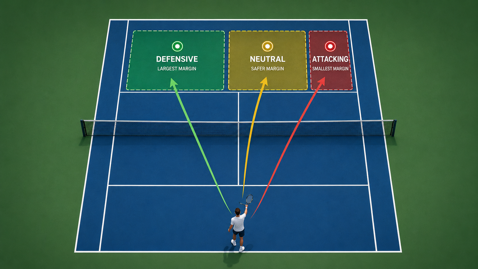 Tennis court diagram showing different target margins for defensive, neutral, and attacking situations.