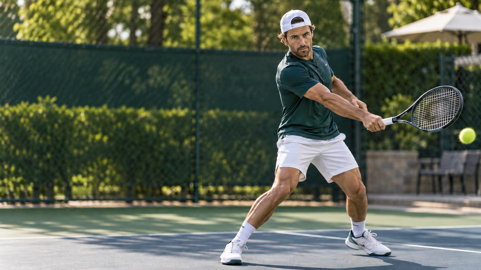 Tennis player in green shirt and white shorts hits a backhand on an outdoor court.