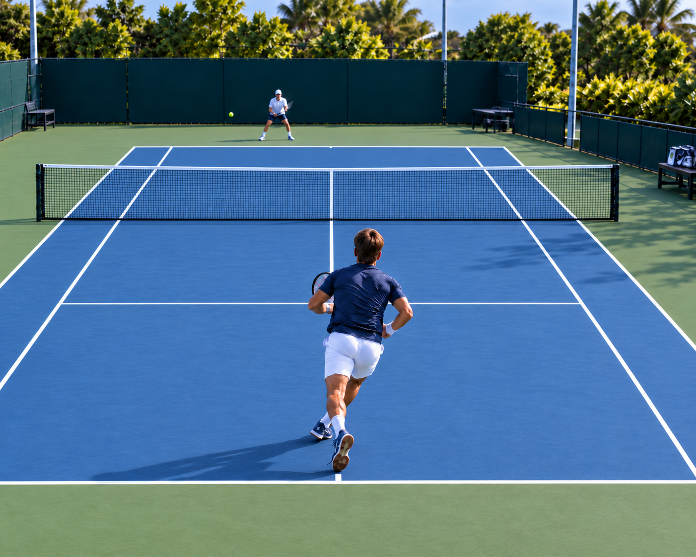 Tennis player in blue running toward the net on a bright outdoor court during a match