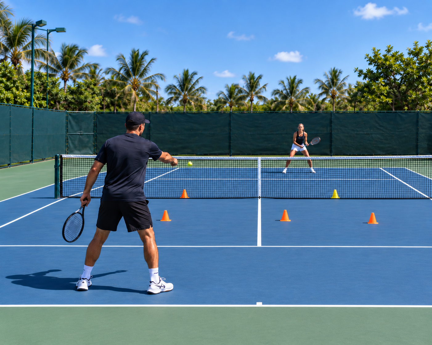 Tennis coach teaching singles recovery positioning with court markers during live-ball training.