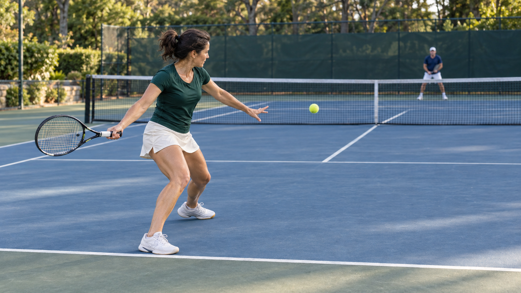 Tennis player in green shirt returns a shot on a blue outdoor court, opponent waiting across the net