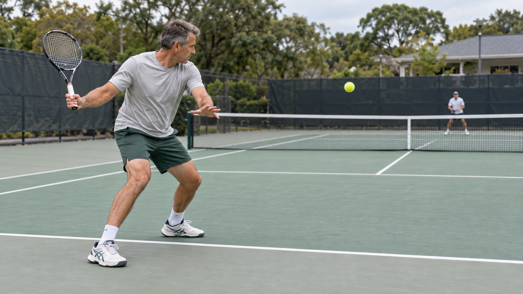Adult tennis player handling a slow floating ball during live-ball tennis training.