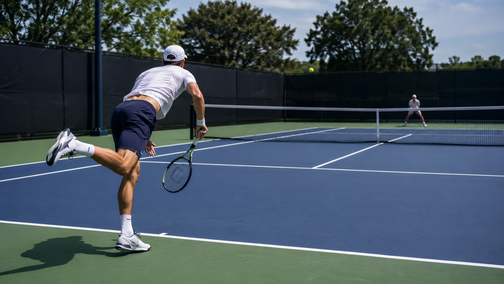 Tennis player practicing a serve plus one pattern during training.