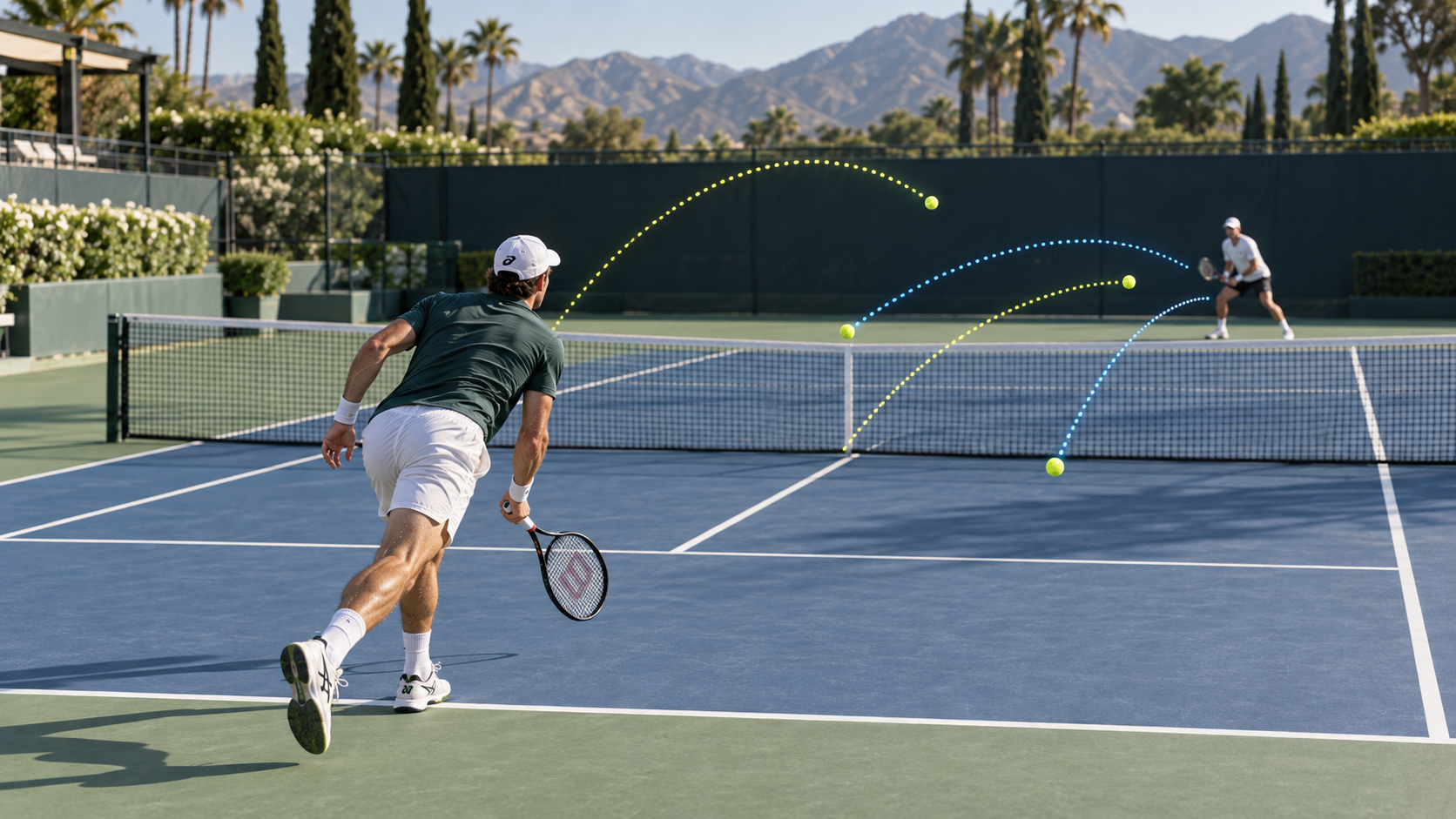 Adult tennis players competing in a match while building the first four shots of the point.