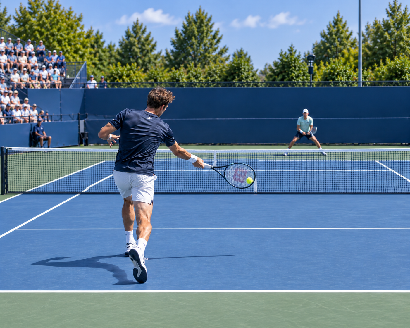 Tennis player in black shirt hits a forehand on a blue outdoor court during a match.