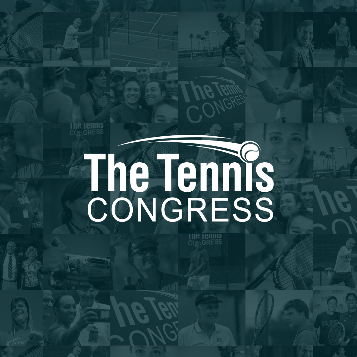 The Tennis Congress logo over a dark teal collage of tennis event photos