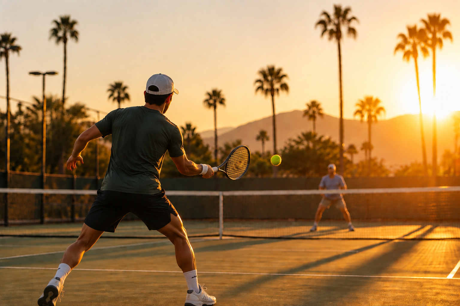 Tennis players rally on an outdoor court at sunset, with palm trees and warm orange light.