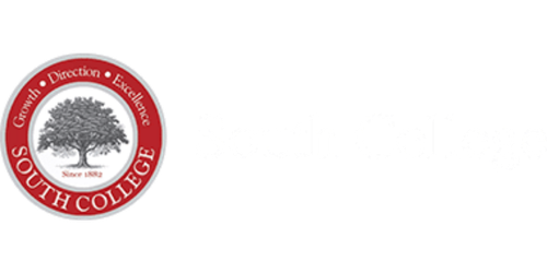 South College logo: red circular emblem with an oak tree inside, text 