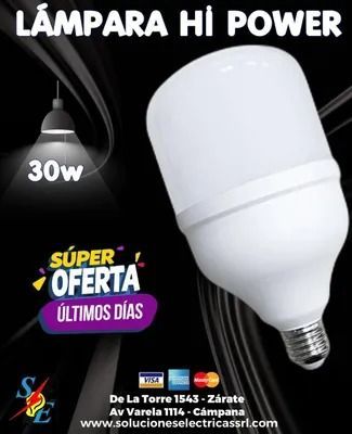 Publicidad de lámpara LED Hi Power blanca de 30W con “Súper oferta” y dirección de tienda.