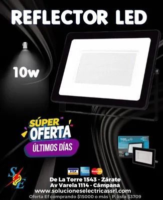 Reflector LED 10w negro con oferta “Súper oferta” y datos de tienda en español