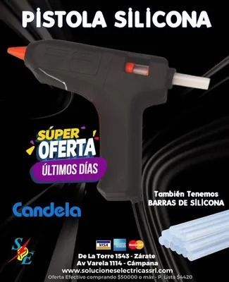 Anuncio de pistola de silicona negra con barras blancas y texto de súper oferta y últimos días.