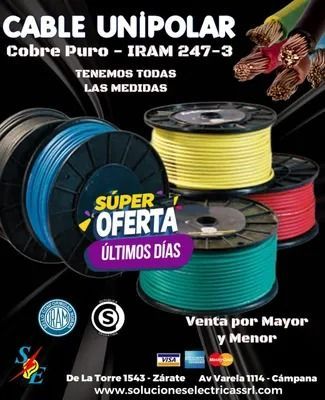 Publicidad de cable unipolar con rollos azul, amarillo, rojo y verde; “súper oferta” y venta por mayor y menor.