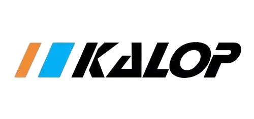 Logotipo de KALOP con franjas naranjas y azules.
