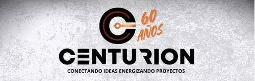 Logotipo de Centurion con “60 años” y el lema “Conectando ideas energizando proyectos” sobre fondo gris.