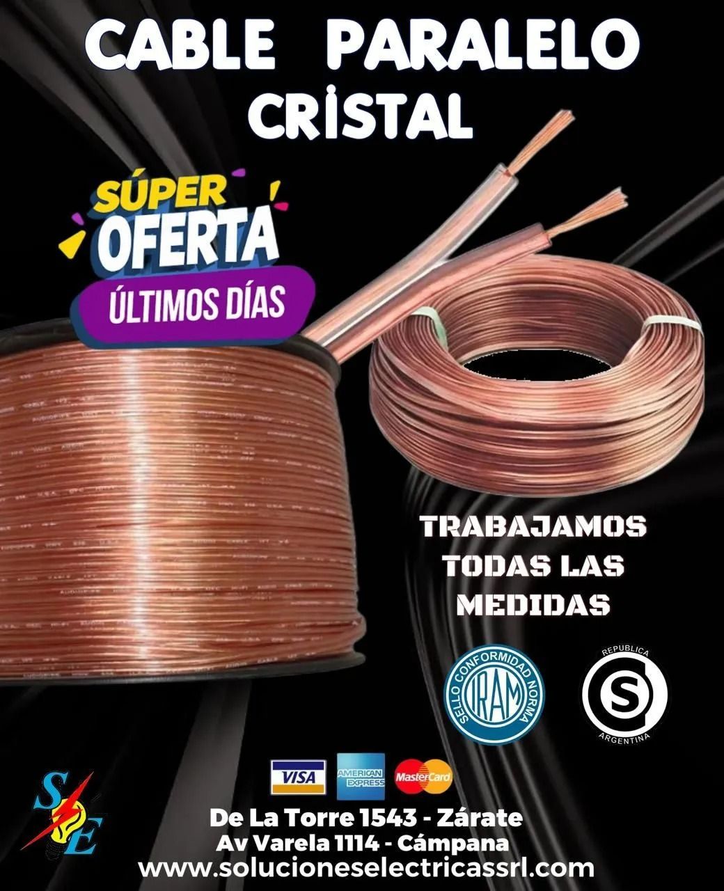 Anuncio de cable paralelo cristal cobrizo en bobinas, con oferta, medidas y dirección de ferretería.